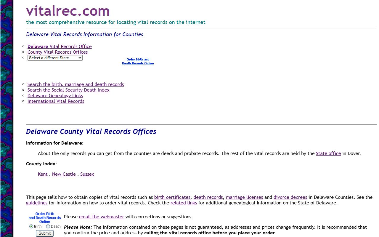 Harrington Delaware death index Kent County Clerk contact