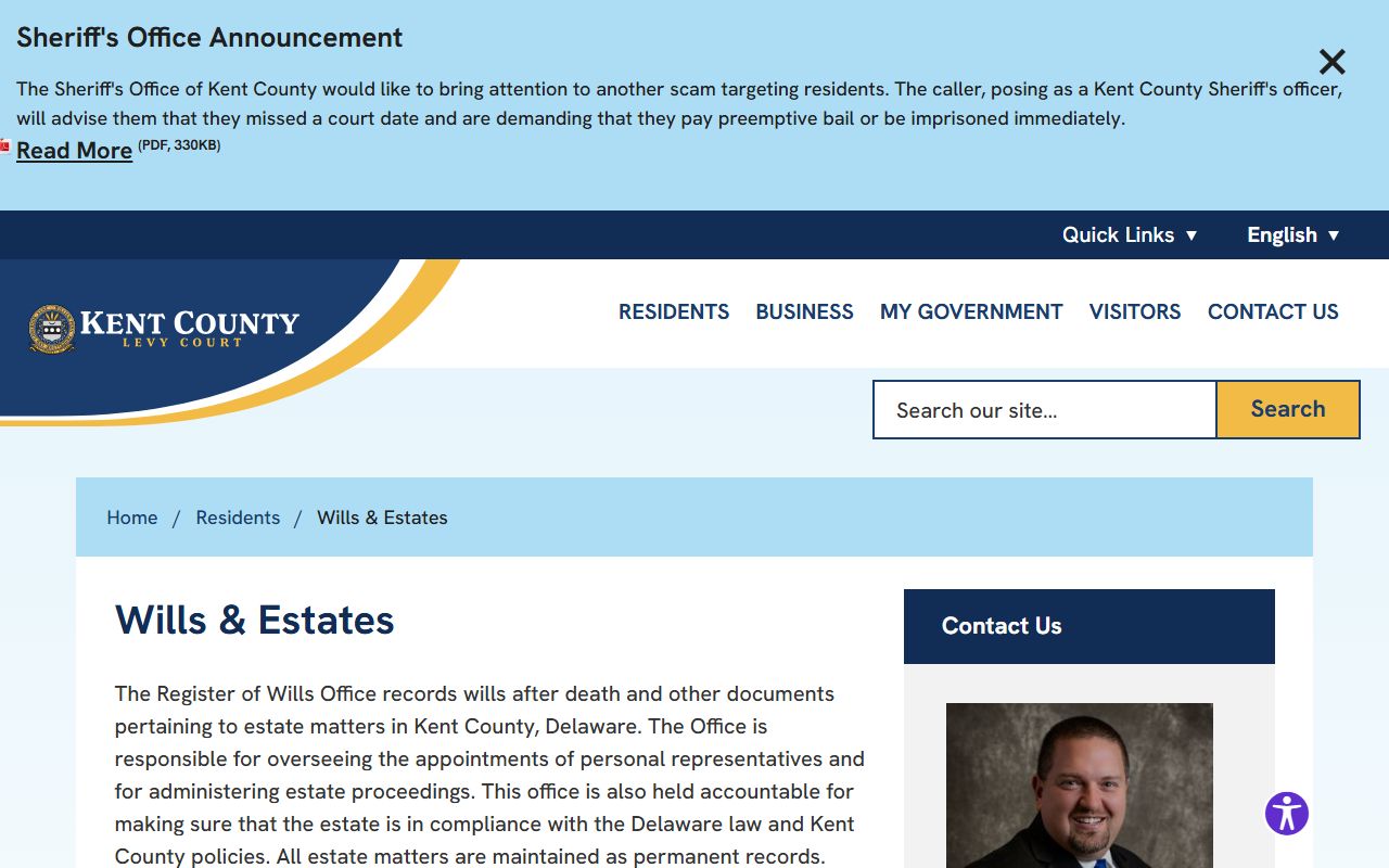 Kent County Register of Wills death index probate page