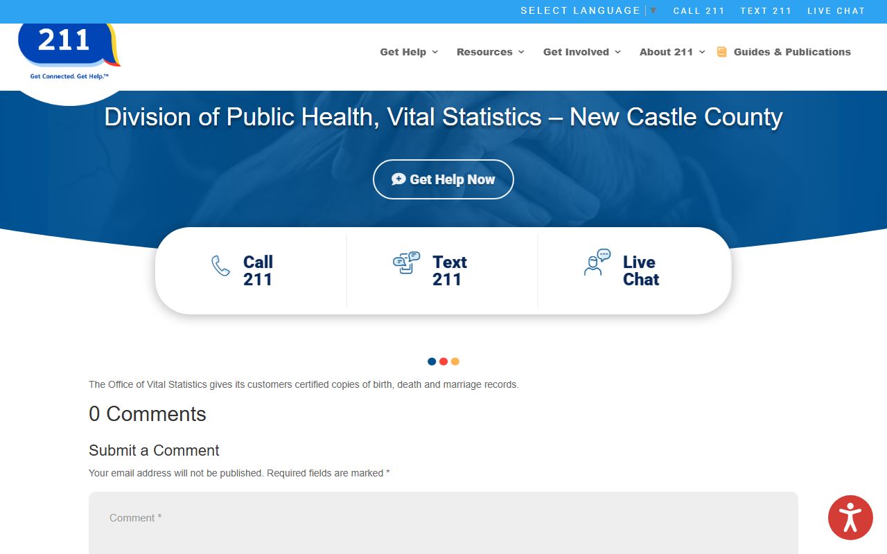 New Castle County Delaware 211 death index vital statistics office