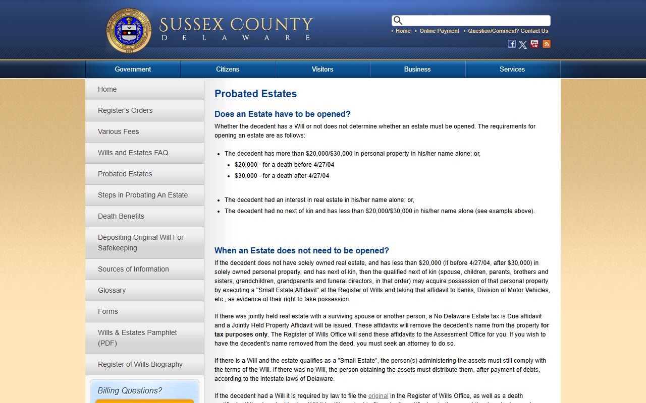 Sussex County Delaware death index probated estates