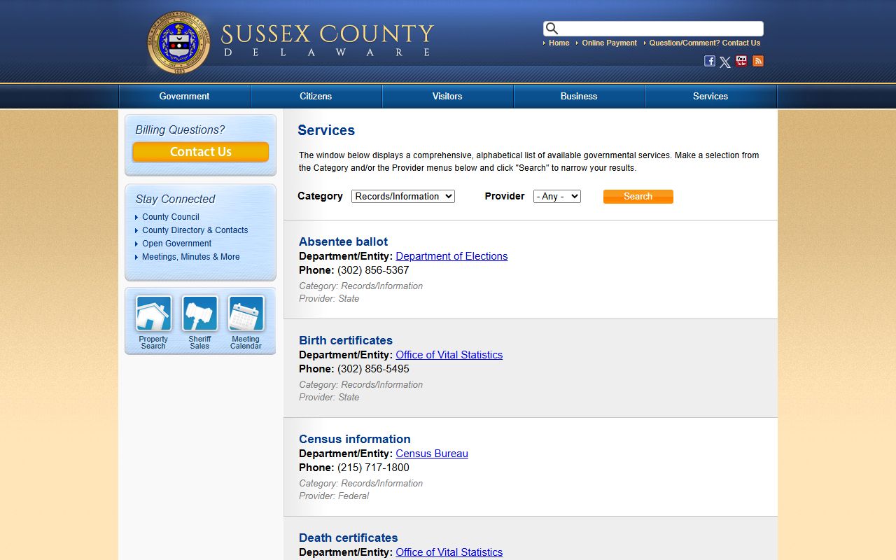Sussex County Delaware death index vital records services