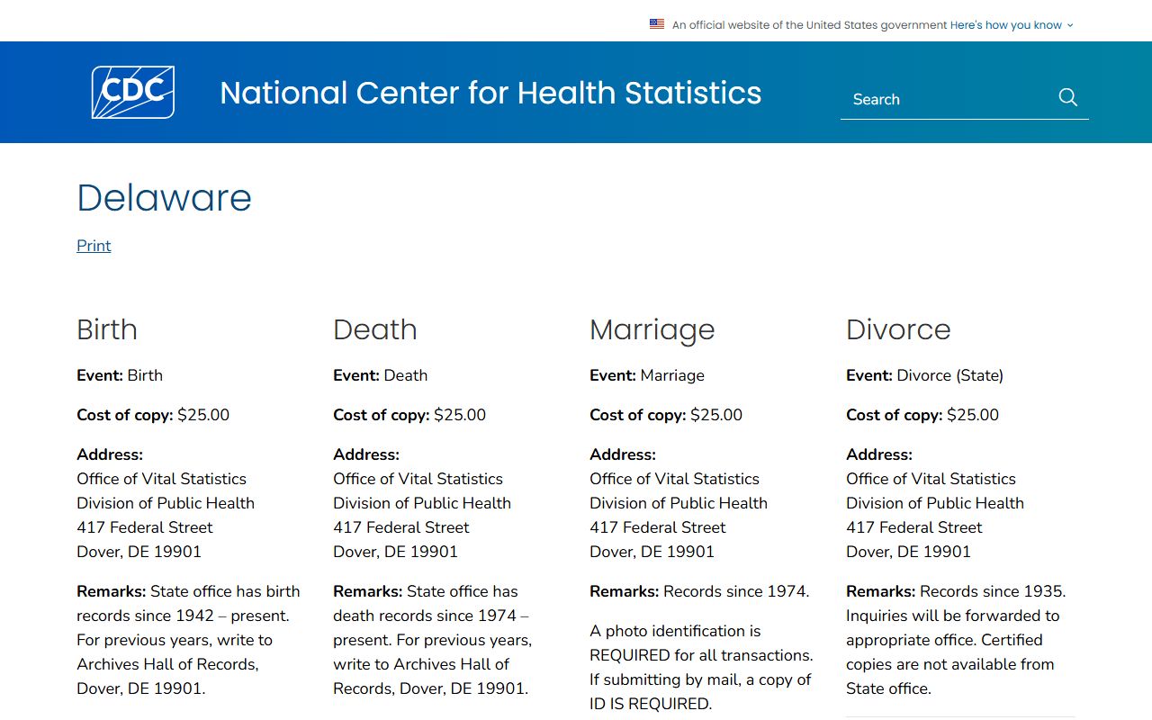 CDC where to write for Delaware death index vital records