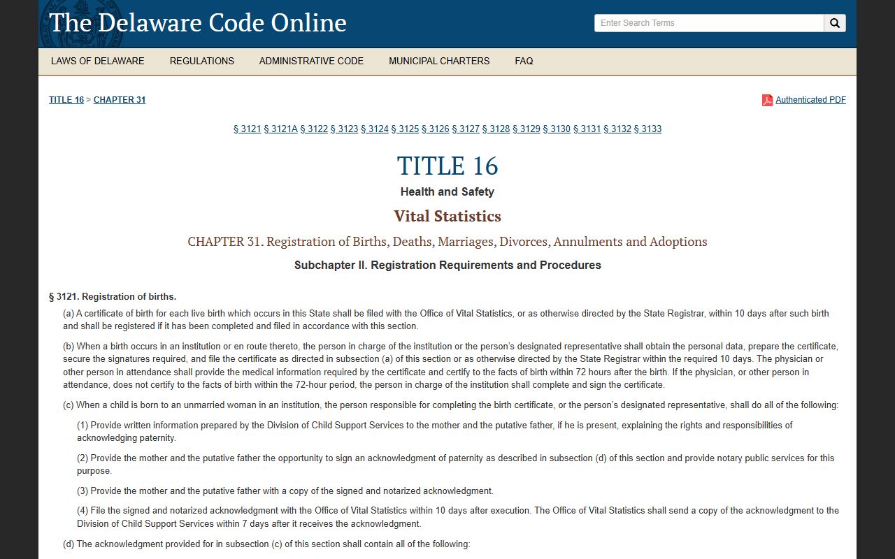Delaware Code Title 16 Chapter 31 death index vital statistics law