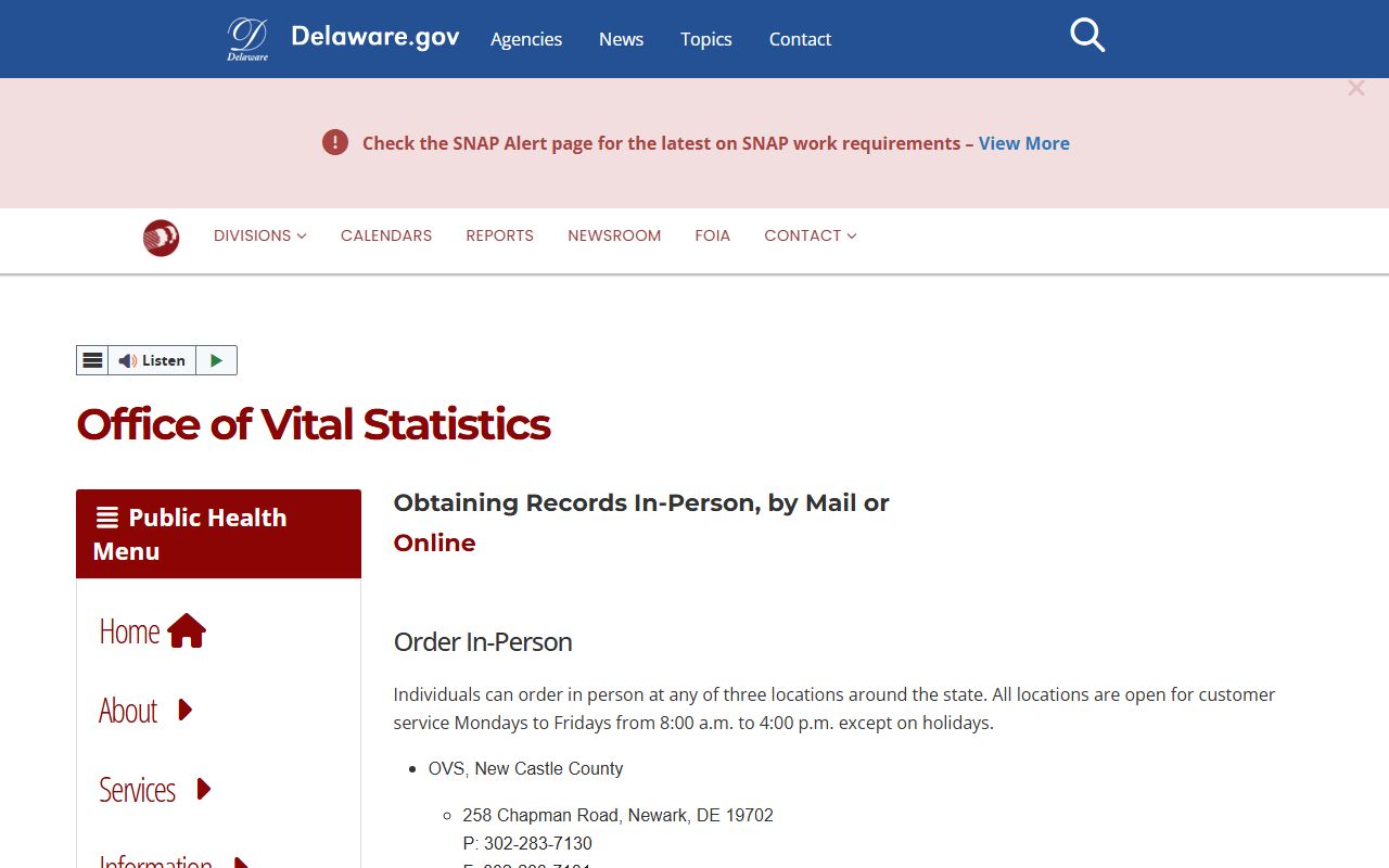 Delaware Department of Health and Social Services death index vital records page