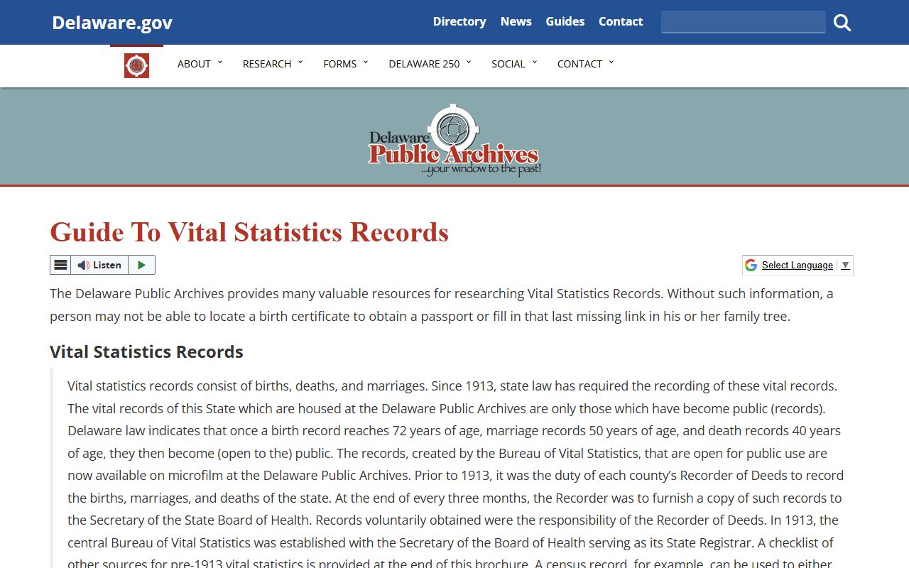 Delaware Public Archives guide to death index vital statistics records
