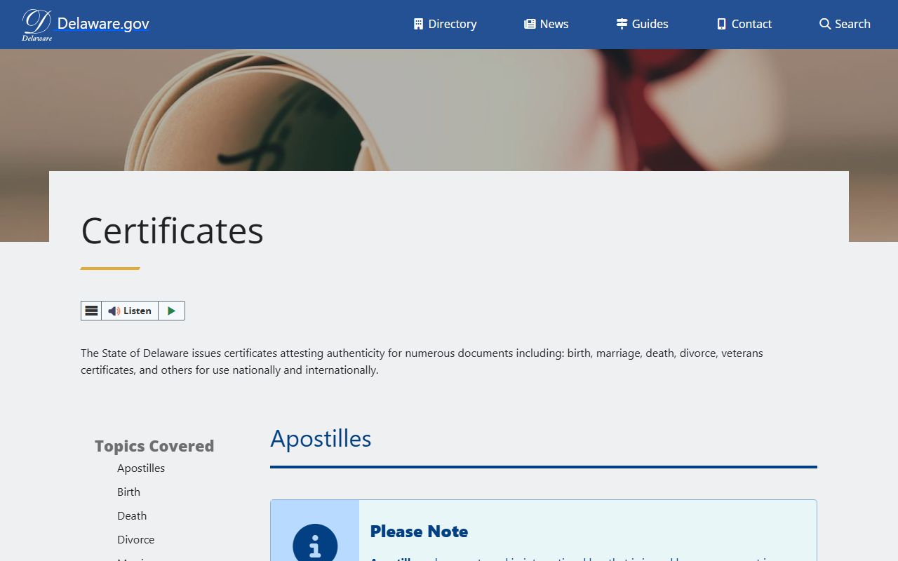 Delaware state government certificates guide with death index info